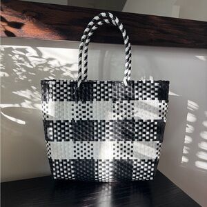 Stylish Black and White Checkered Tote Bag , medium size.